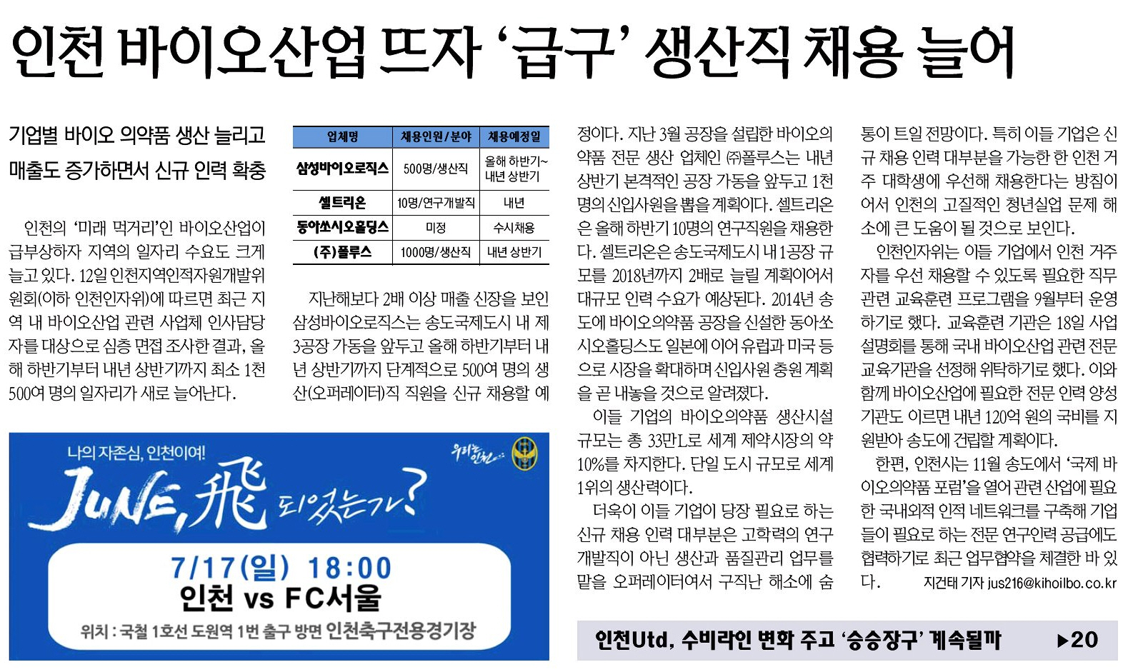 160713 (기호일보) 인천 바이오산업 뜨자 ‘급구’ 생산직 채용 늘어의 1번째 이미지